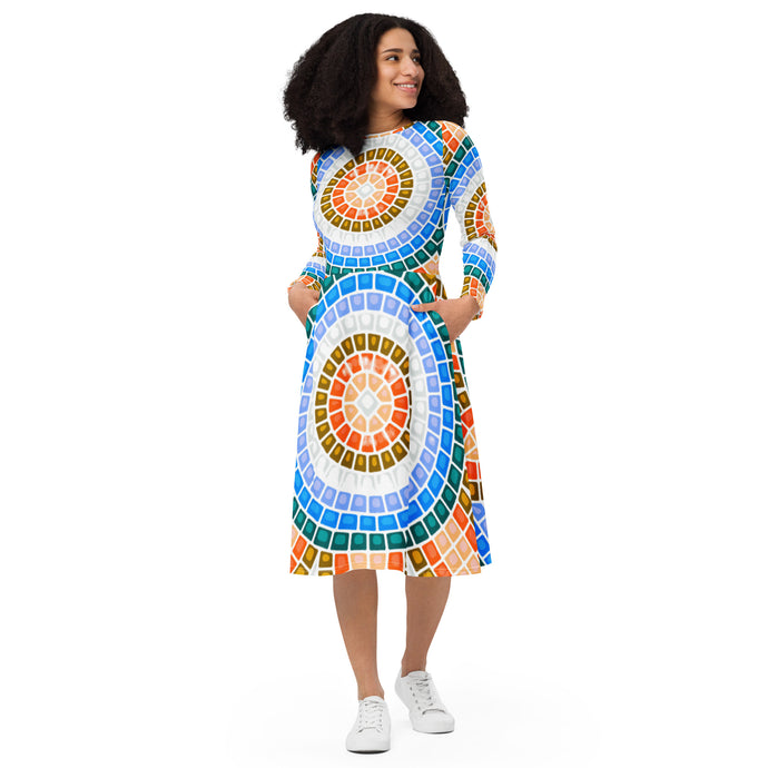 Women's Mosaic Long Sleeve Midi Dress